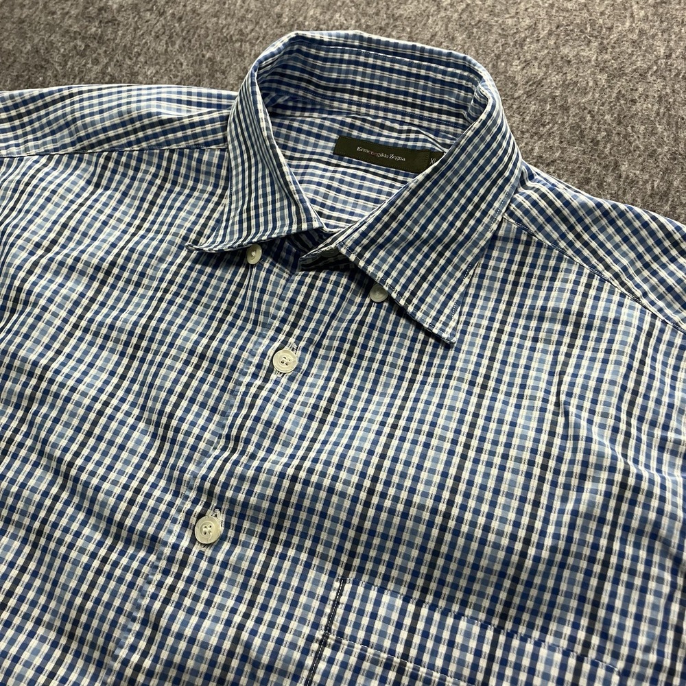 Zegna Men's XL Button Down Gingham Check Long Sleeve Shirt Ermenegildo Blue